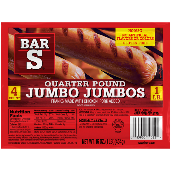 Bar S Quarter Pound Jumbo Jumbos 4 Each 1 LB Bar S Quarter Pound Jumbo Jumbos 4 Each 1 LB