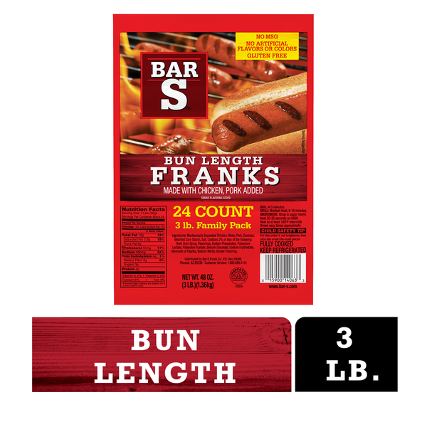 Bar S Bun Length Franks Chicken Pork 24 Each 3 LB Bar S Bun Length Franks Chicken Pork 24 Each 3 LB