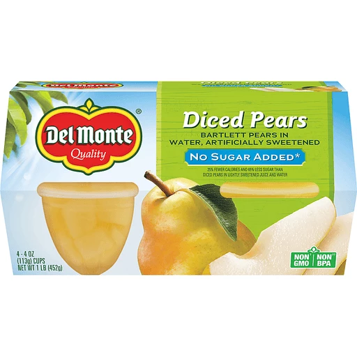 Del Monte Diced Pears No Sugar 4 Oz Cups