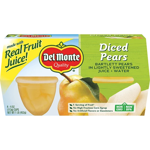 Diced Bartlett Pears Lightly Sweetened Four 4 Oz Cups
