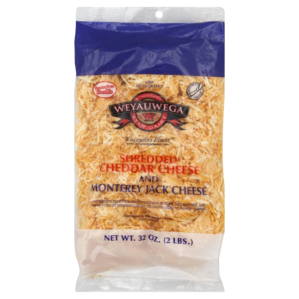 Weyauwega Shredded Cheddar & Monterey Jack 32 Oz Weyauwega Shredded Cheddar & Monterey Jack 32 Oz